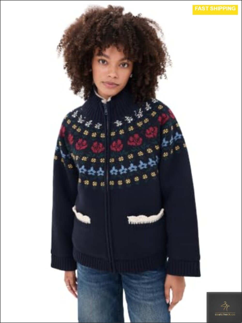 Designer Fair Isle Patterned Sherpa Lined Knit Jacket